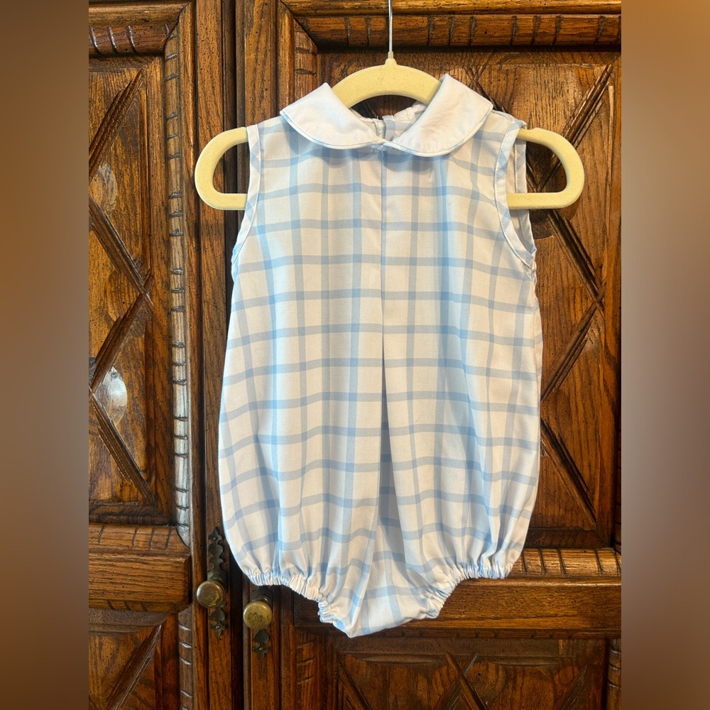 Classic Light Blue Plaid Sleeveless Baby Bubble Romper